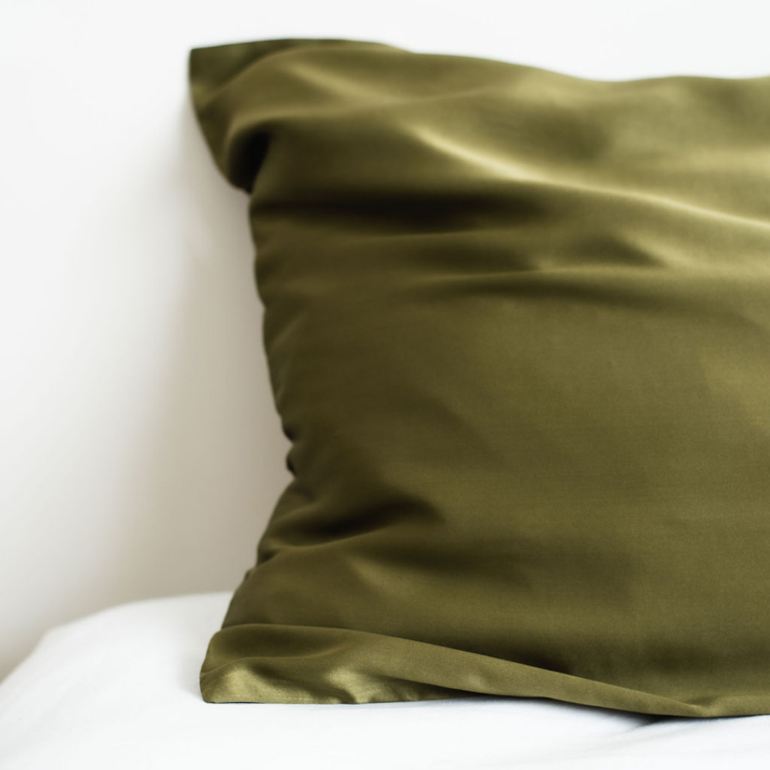 Pure silk pillowcase pair in Olive detail view