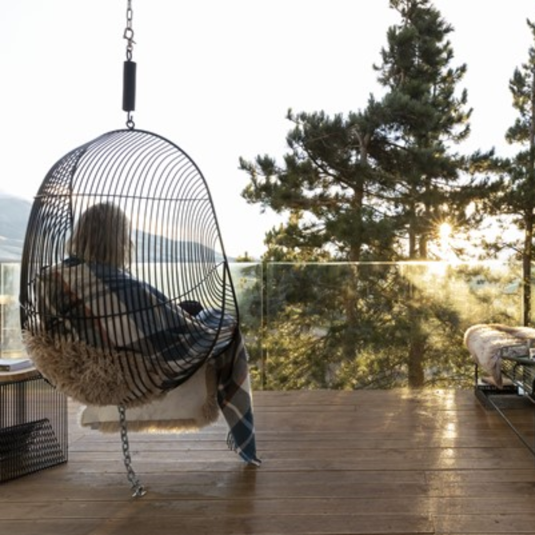 Stainless steel hokianga hanging chair in black, close-up