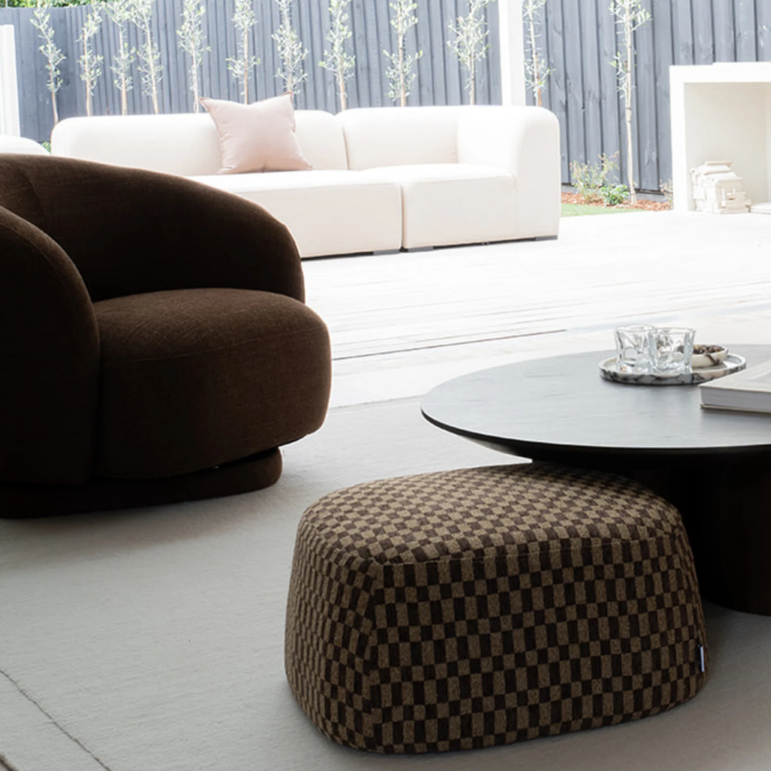 Terry ottoman in Chocolate Check, rounded form, check upholstery