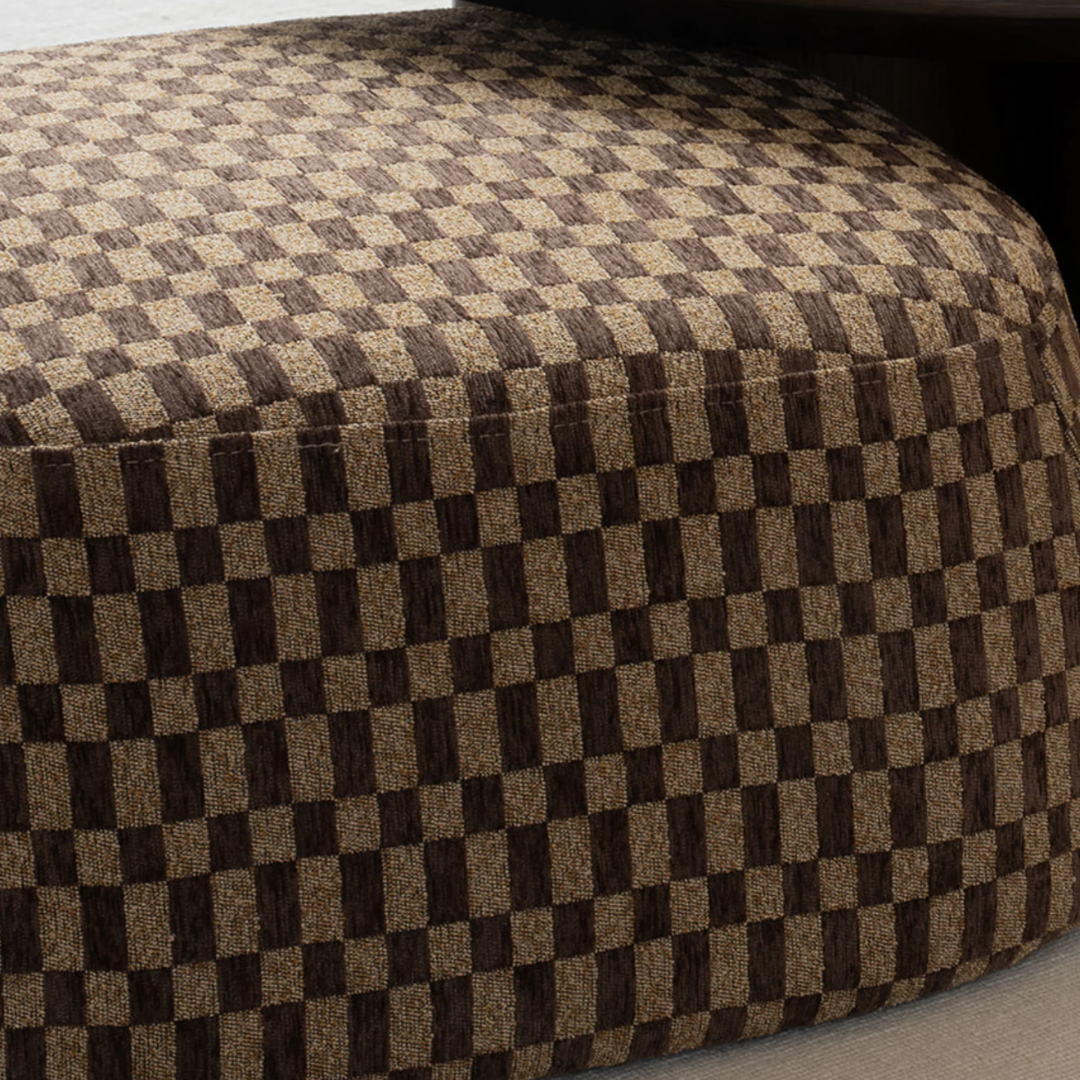Terry ottoman in Chocolate Check, rounded form, check upholstery, styled view