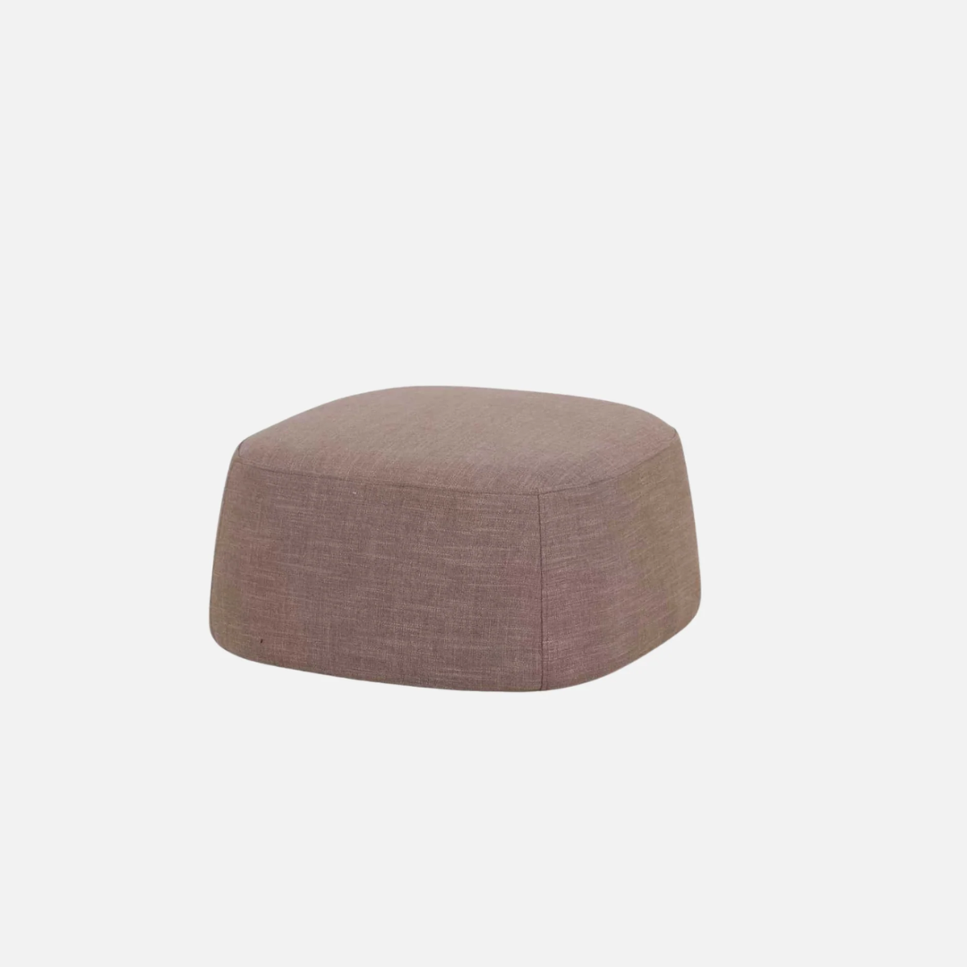 Terry ottoman in Fawn Taupe, rounded form, soft upholstery, side view