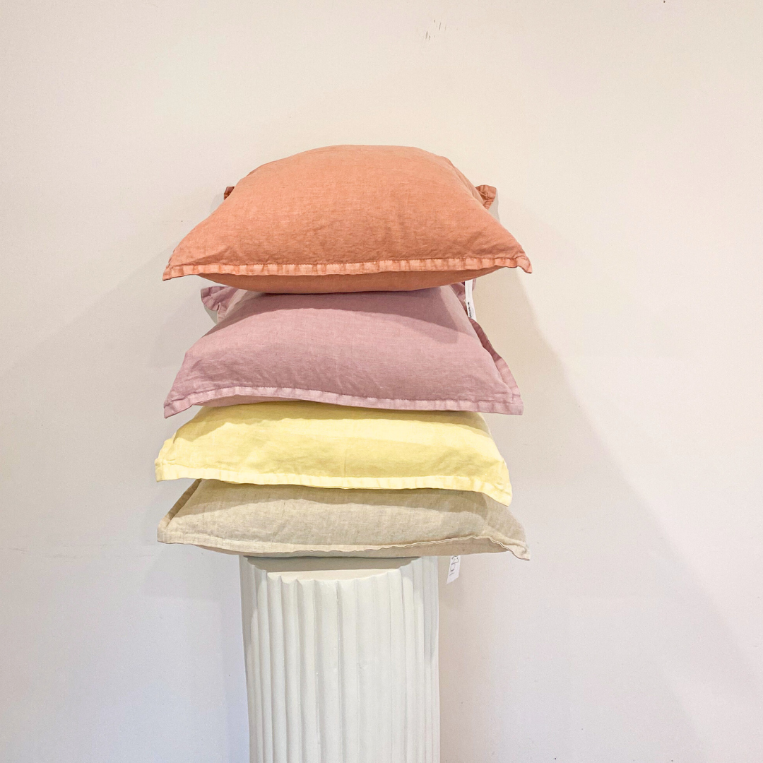 100% belgium linen vintage washed cushion- feather filled in dusty rose, detail view