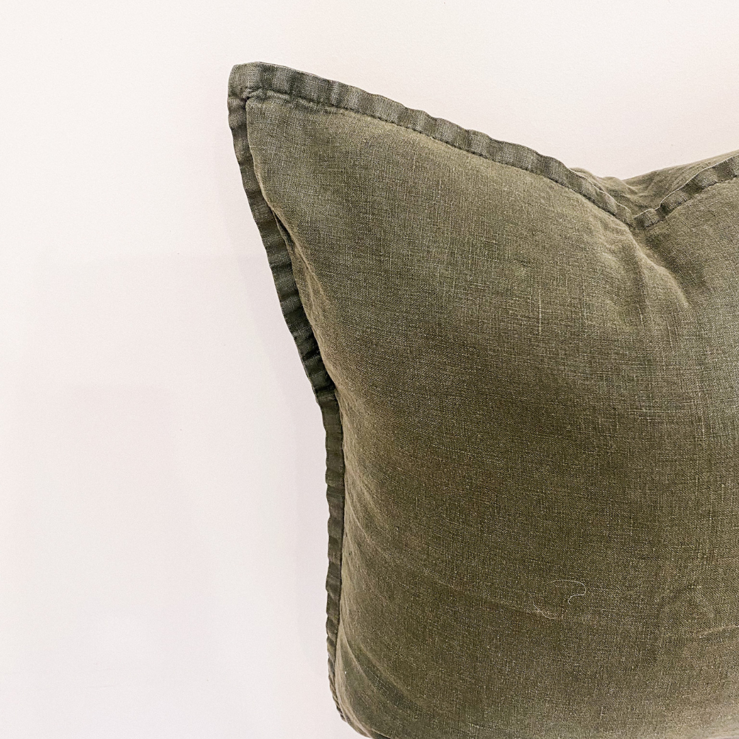 100% belgium linen vintage washed cushion- feather filled in pine, close-up