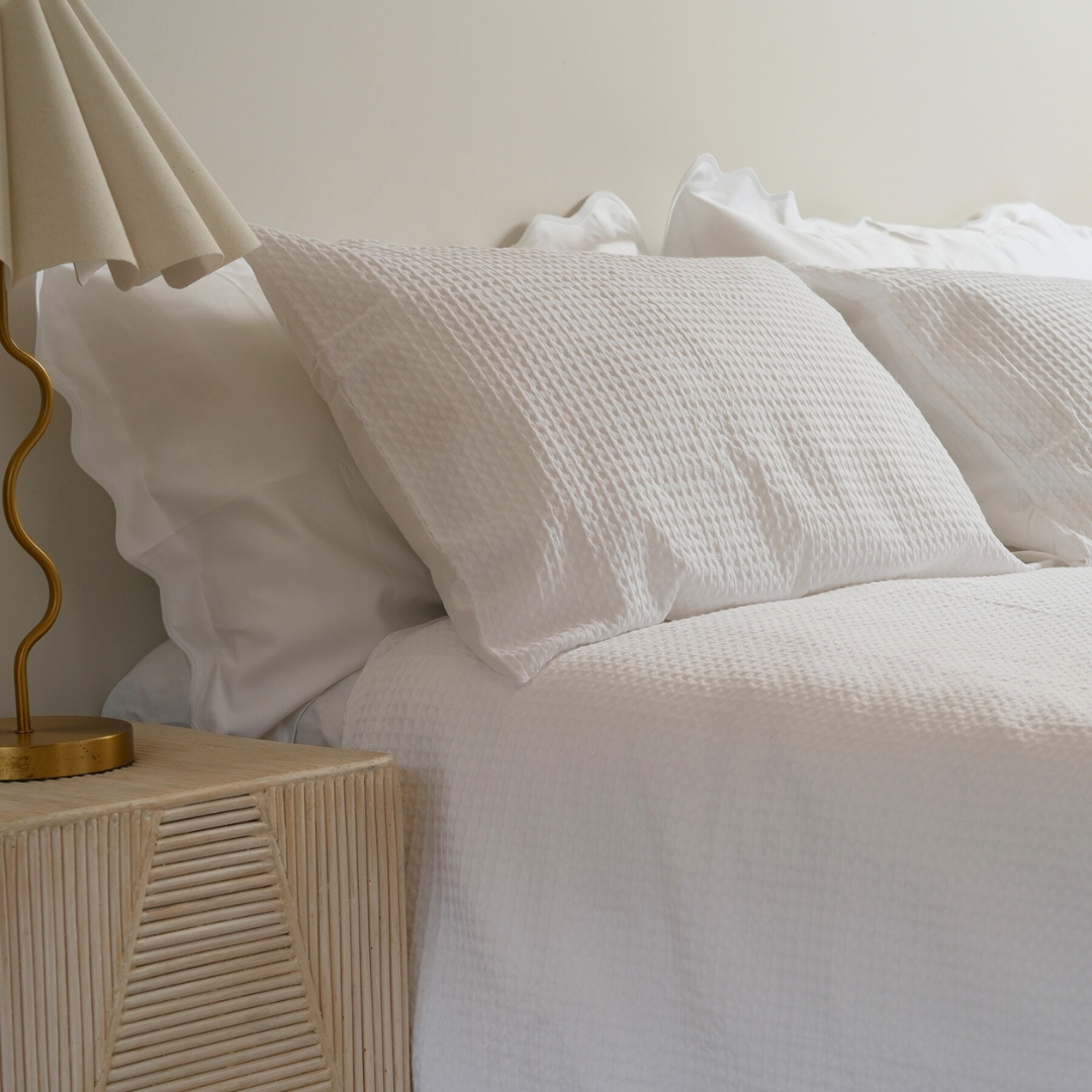 100% cotton waffle duvet set in white, close-up