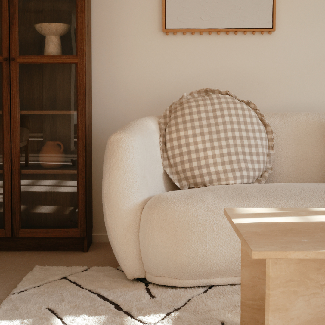 100% flax linen round feather filled cushion in natural gingham