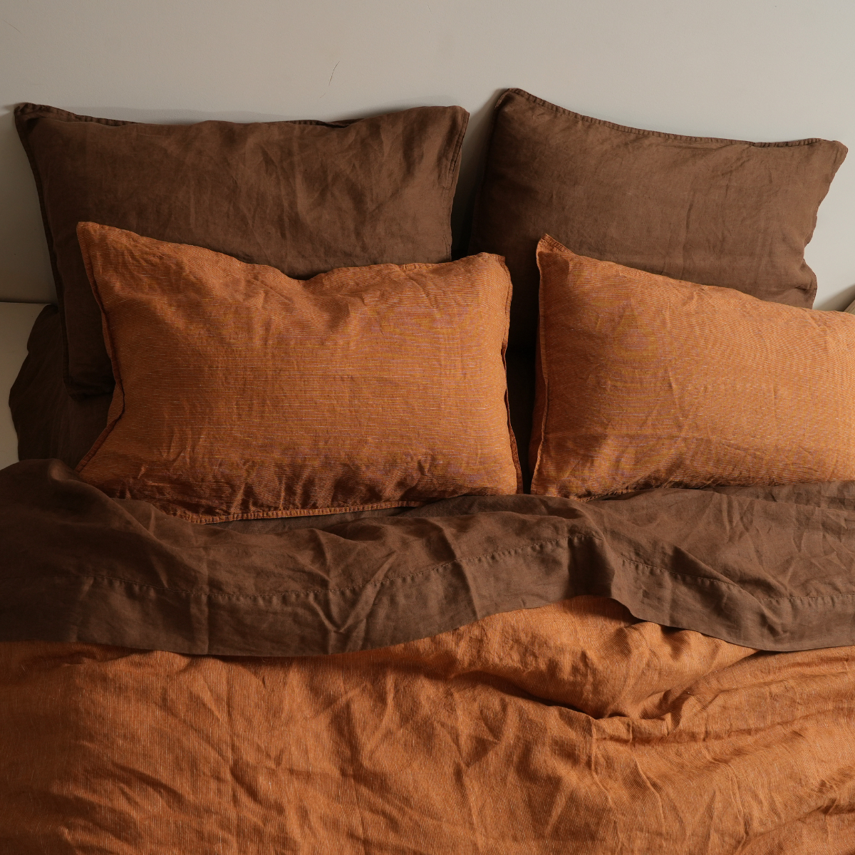 100% french flax linen duvet cover set in caramel pinstripe, detail view