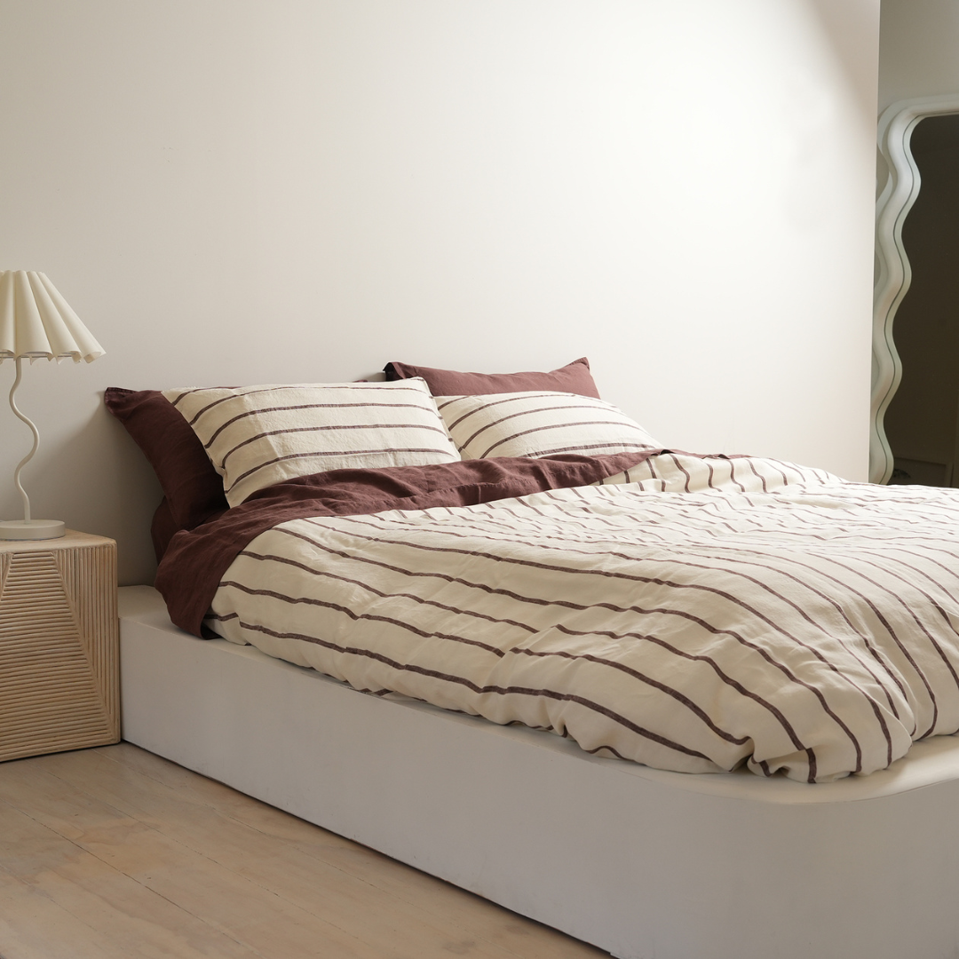 100% french flax linen duvet cover set in cocoa stripe, close-up