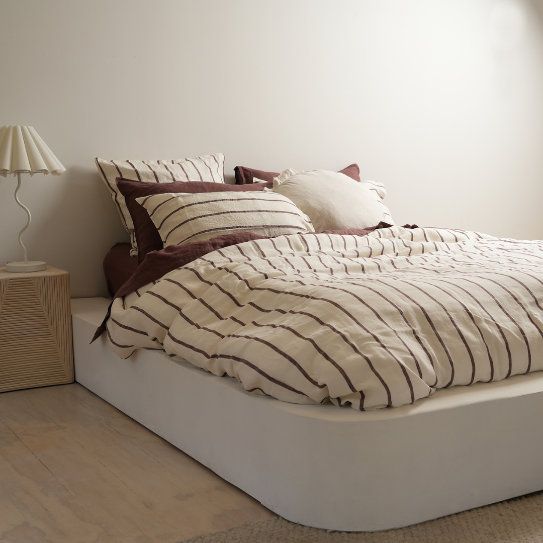 100% french flax linen duvet cover set in cocoa stripe, styled shot