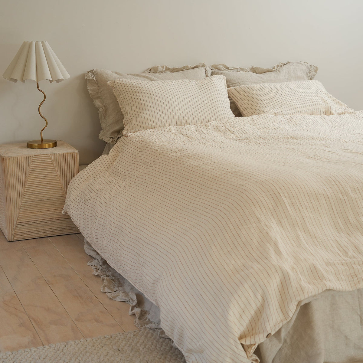 100% french flax linen duvet cover set in ginger pinstripe, close-up