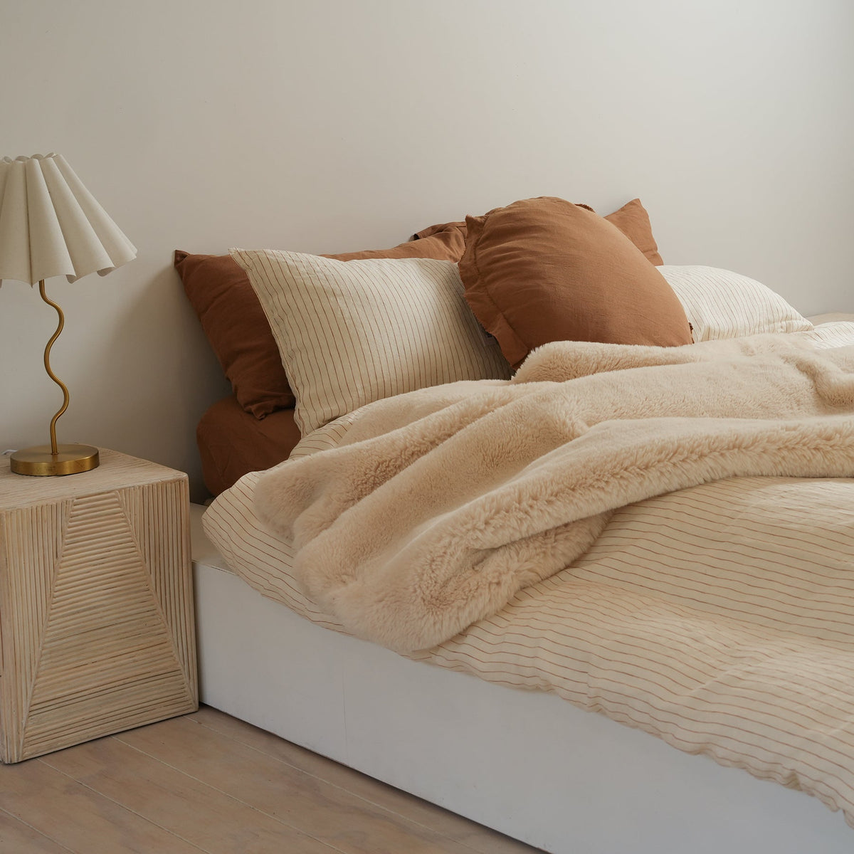 100% french flax linen duvet cover set in ginger pinstripe, styled shot