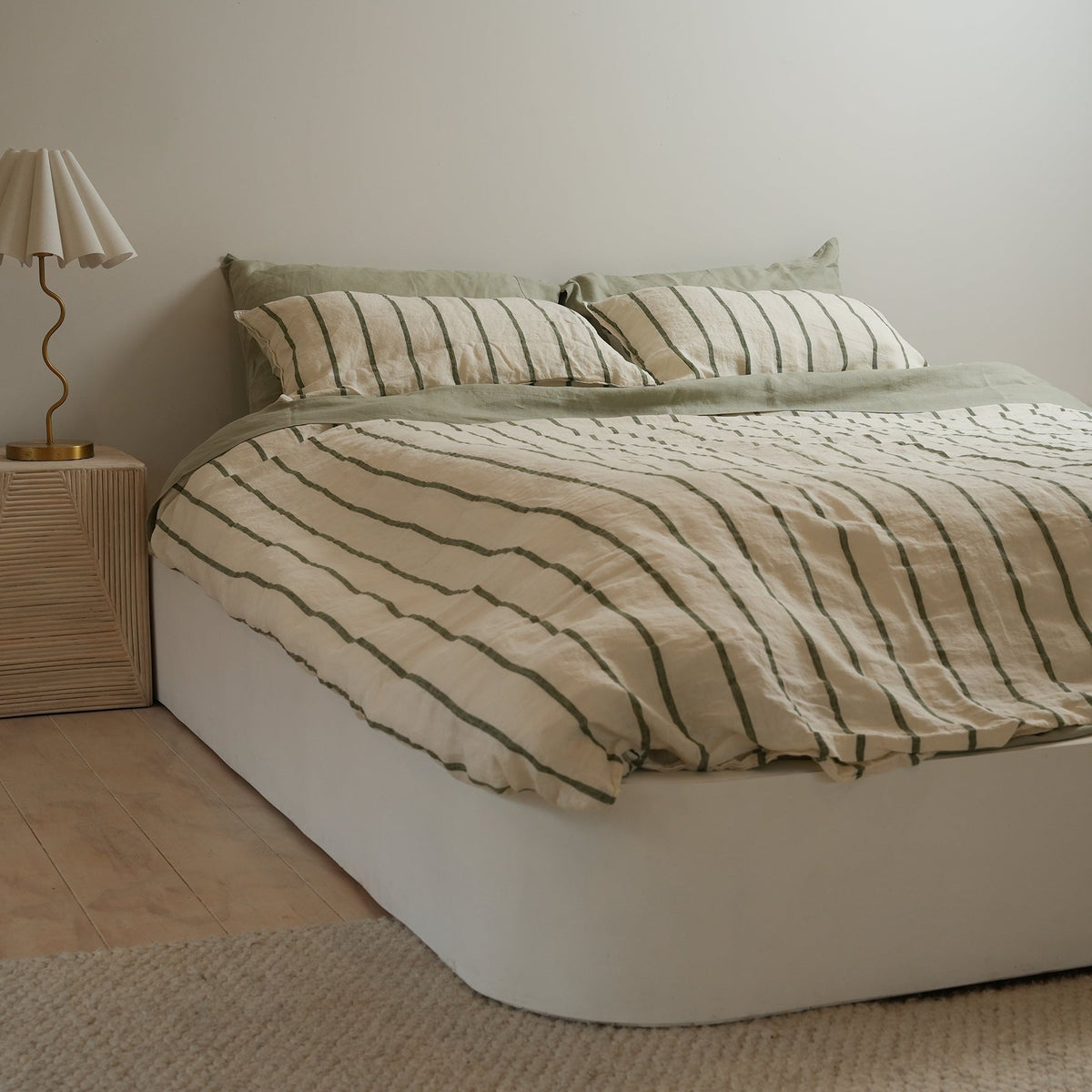 100% french flax linen duvet cover set in lichen stripe, close-up