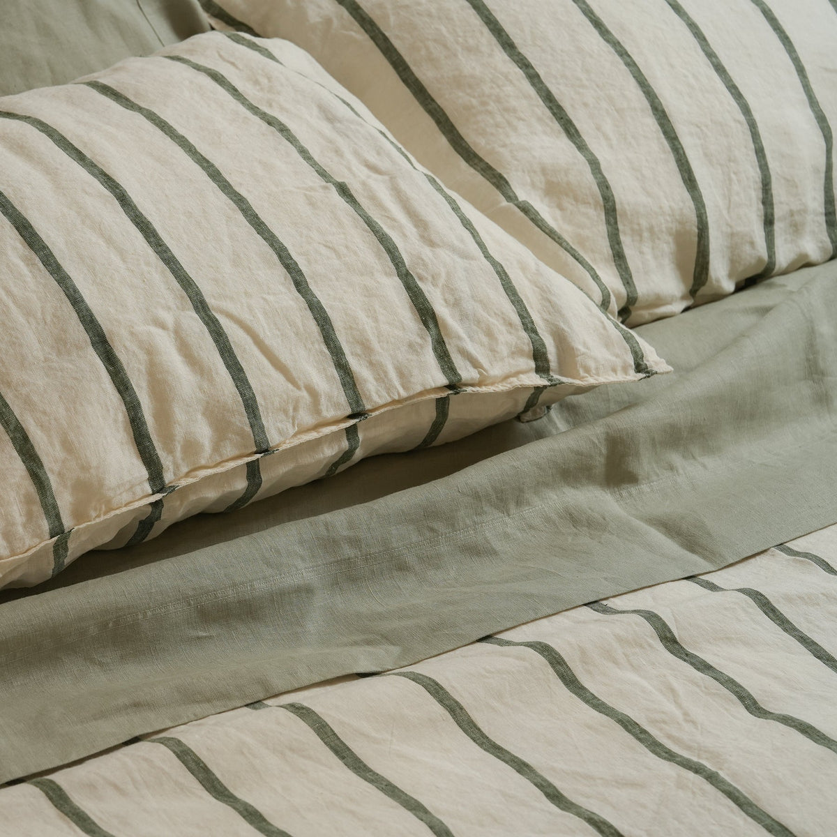 100% french flax linen duvet cover set in lichen stripe, alternate angle