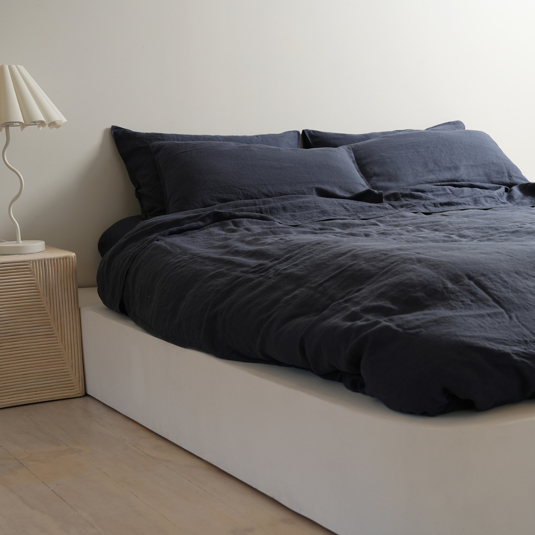 100% french flax linen duvet cover set in midnight, close-up