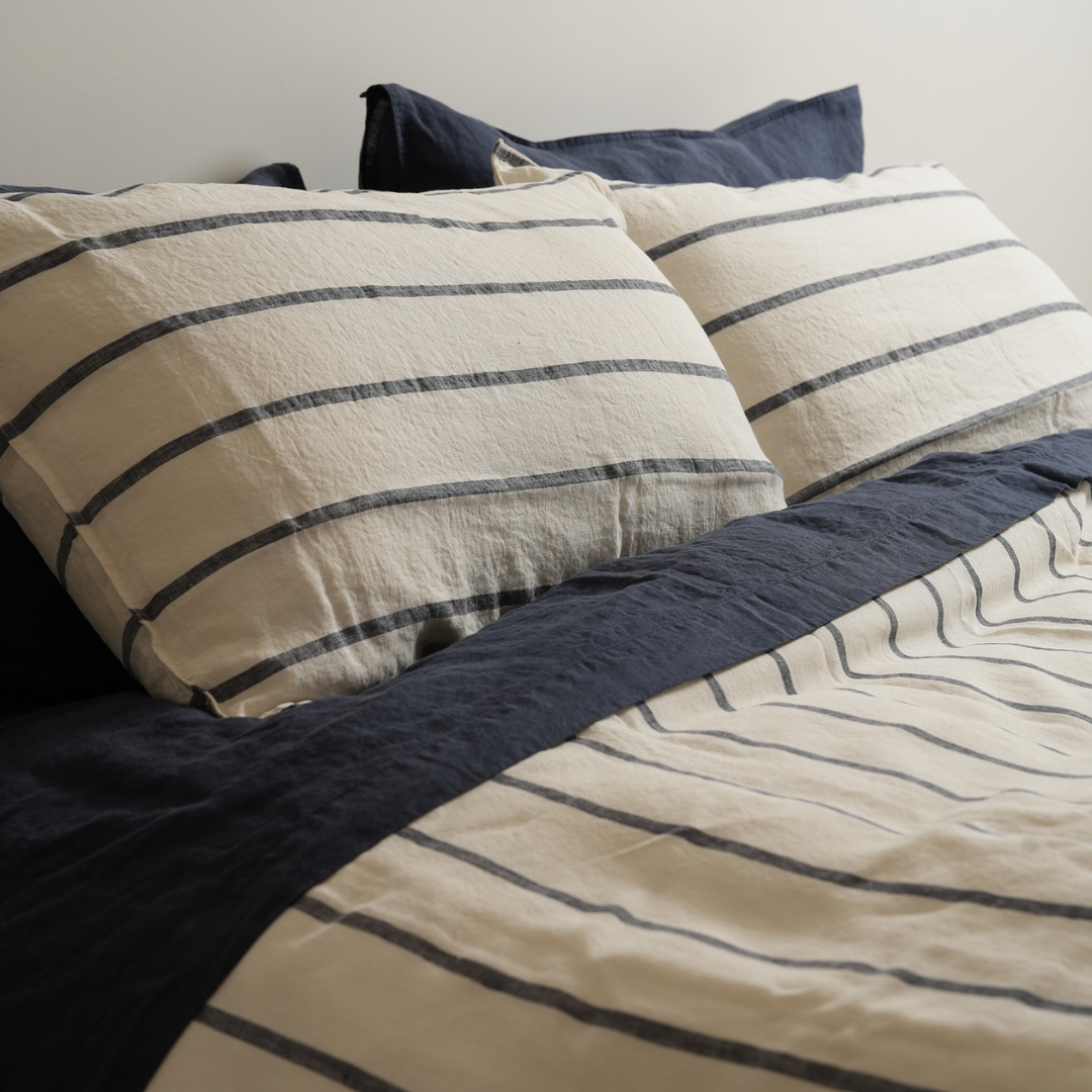 100% french flax linen duvet cover set in midnight stripe, close-up