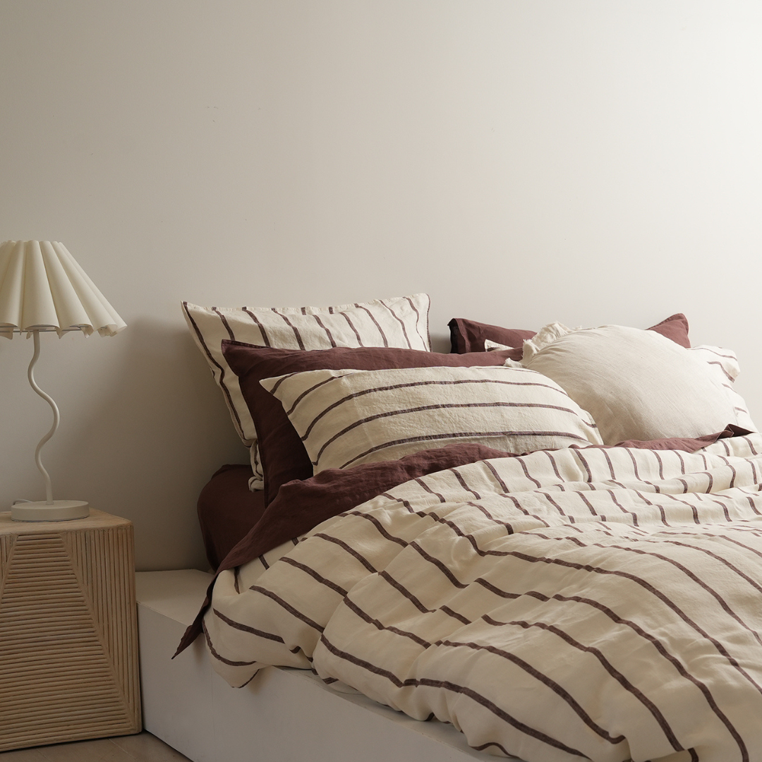 100% french flax linen euro pillowcase in cocoa stripe, detail view