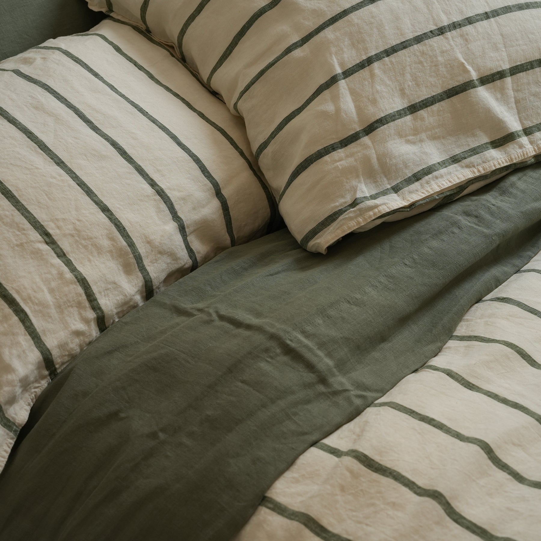 100% french flax linen euro pillowcase in lichen stripe, detail view
