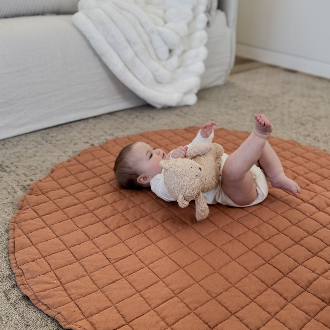 100% french flax linen playmat in hazelnut, side view