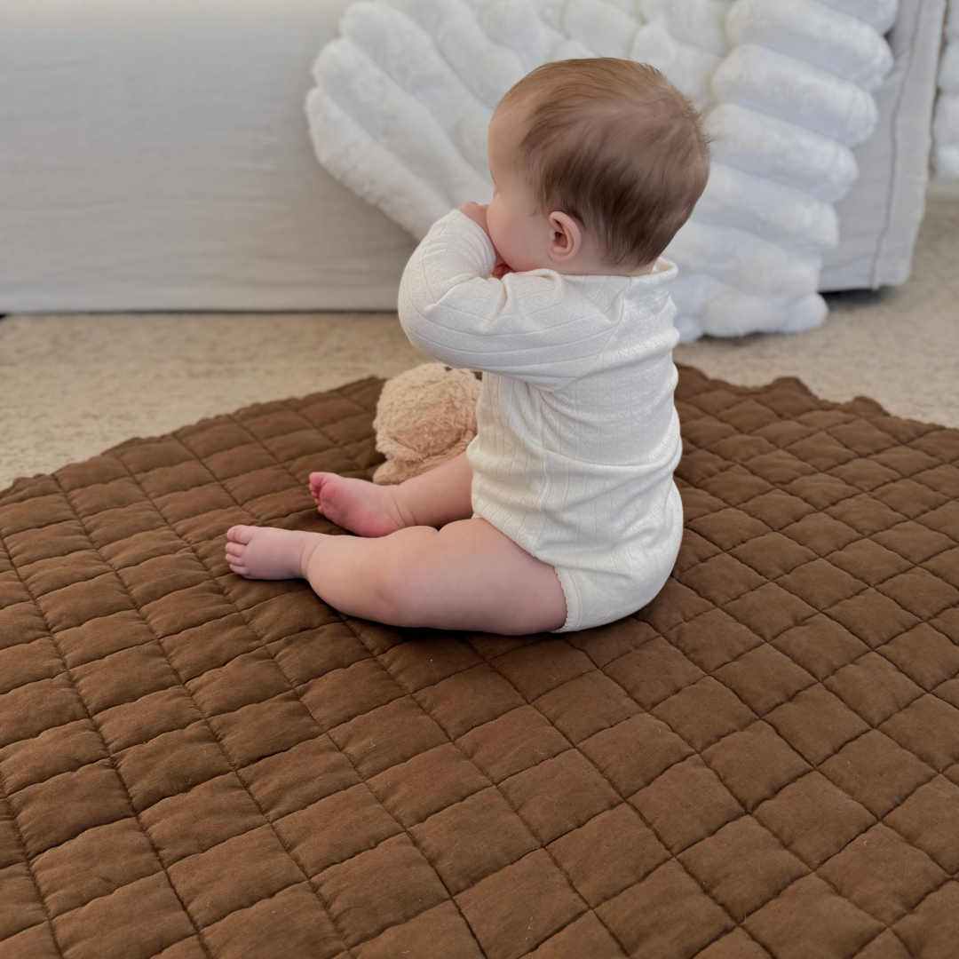 100% french flax linen playmat in mocha, side view