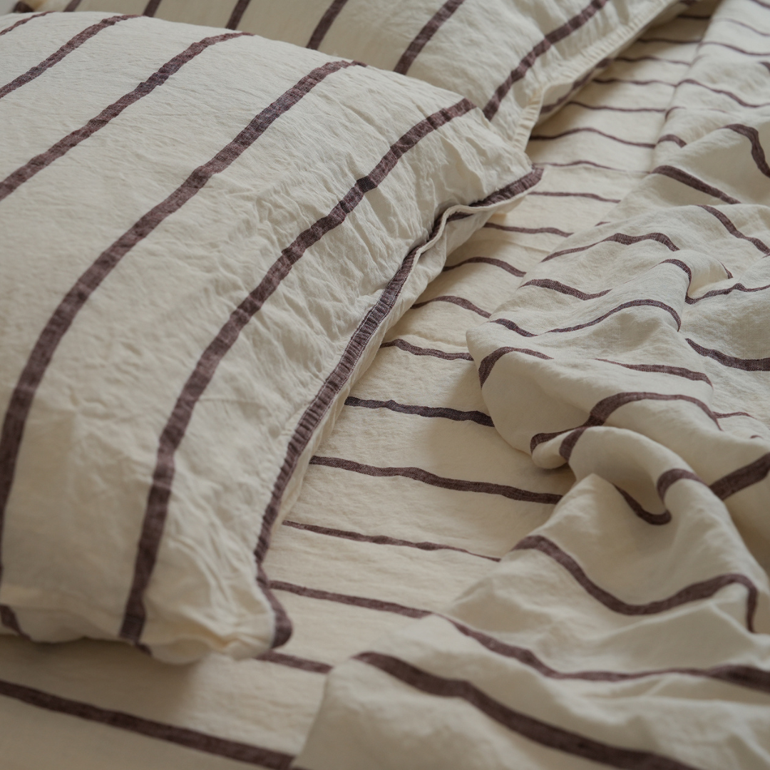 100% french flax linen sheet set in cocoa stripe, side view