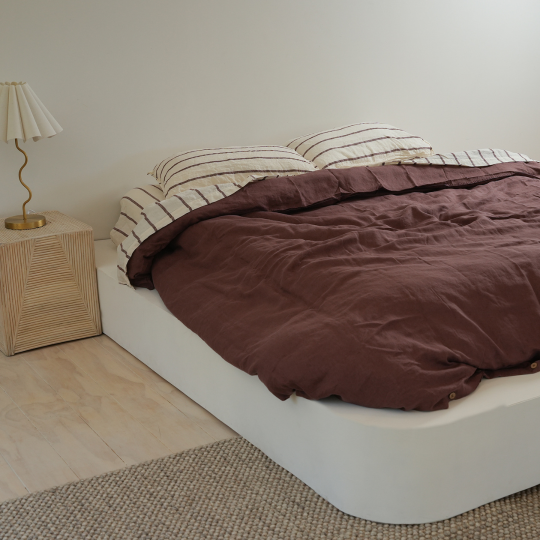 100% french flax linen sheet set in cocoa stripe, alternate angle