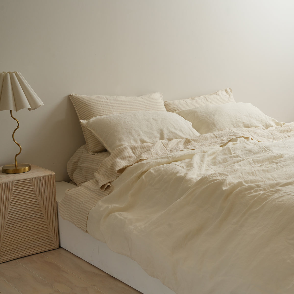 100% french flax linen sheet set in sand stripe, close-up