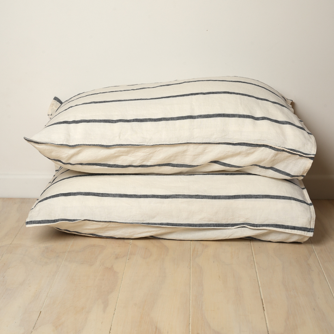 100% french linen pillowcase pair in midnight stripe