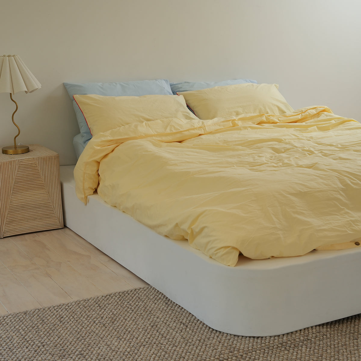 100% stonewashed cotton duvet set in butter, side view