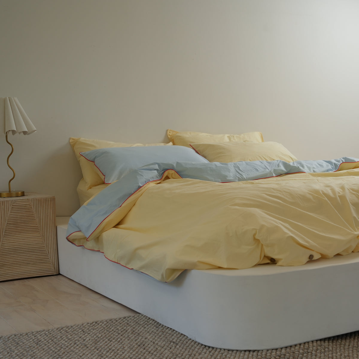 100% stonewashed cotton duvet set in butter/sky reversible, close-up