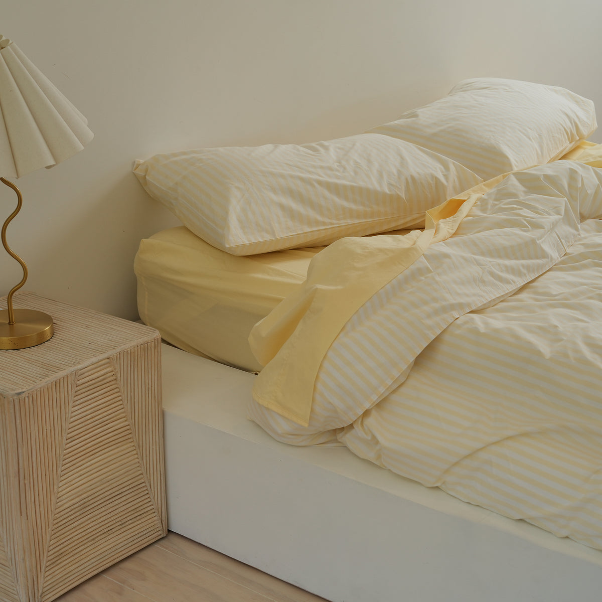 100% stonewashed cotton duvet set in butter stripe, alternate angle