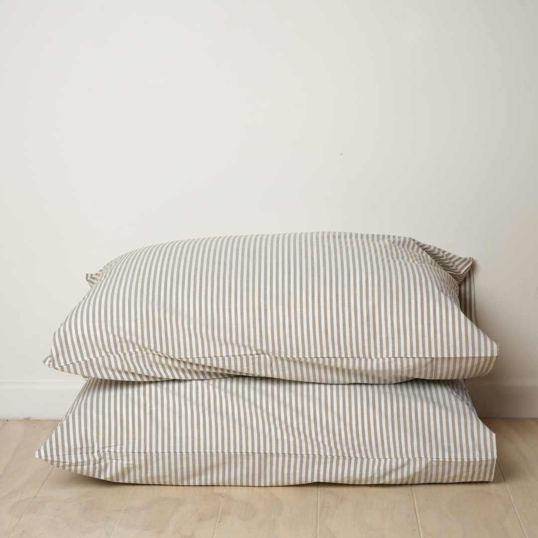 100% stonewashed cotton pillowcase pair in olive stripe
