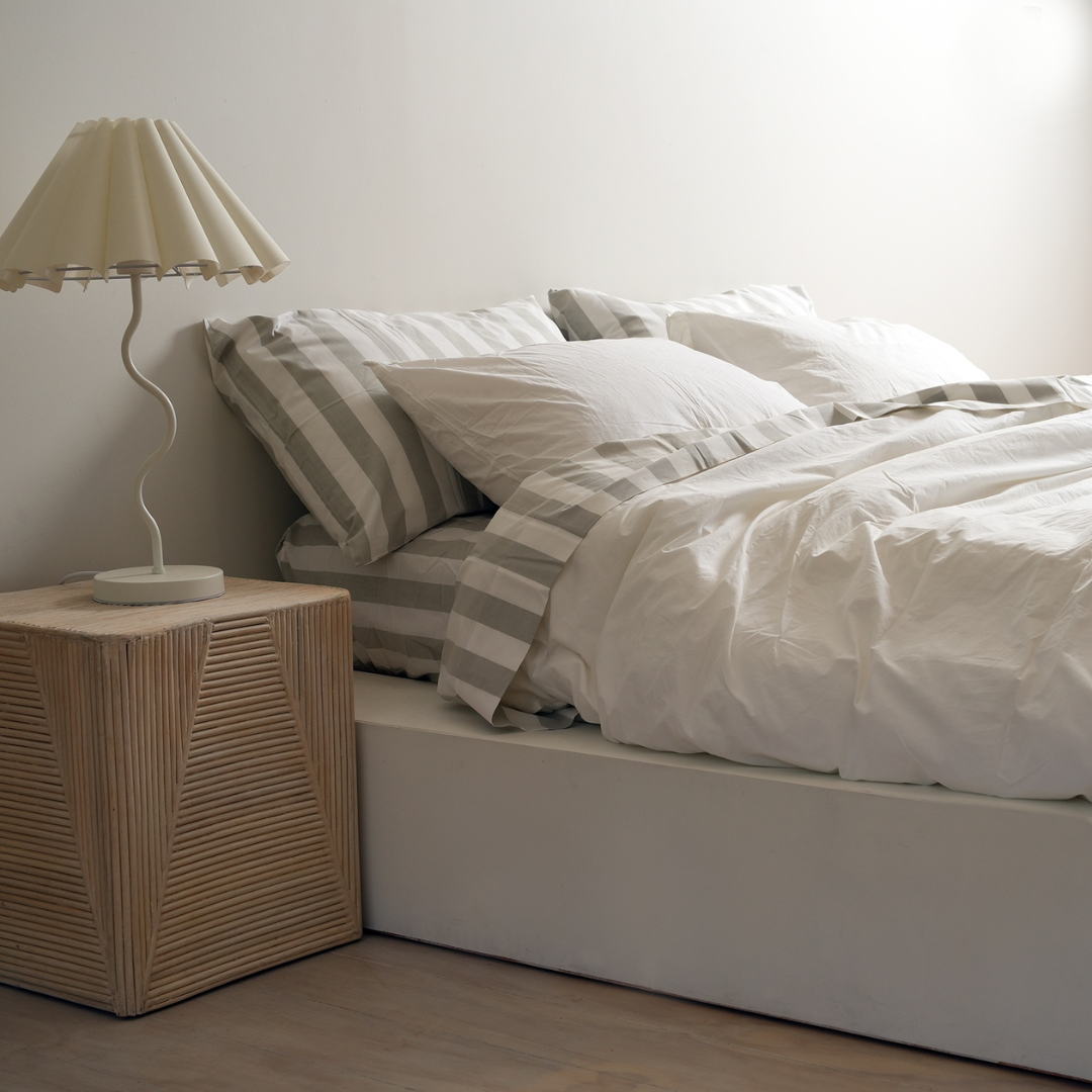 100% stonewashed cotton sheet set in sage stripe, detail view