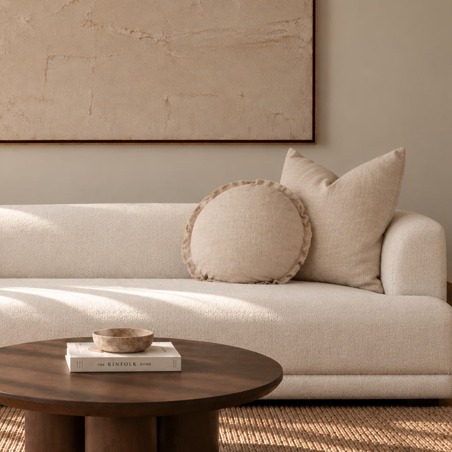 100% Flax Linen Round Feather Filled Cushion- Natural Oat