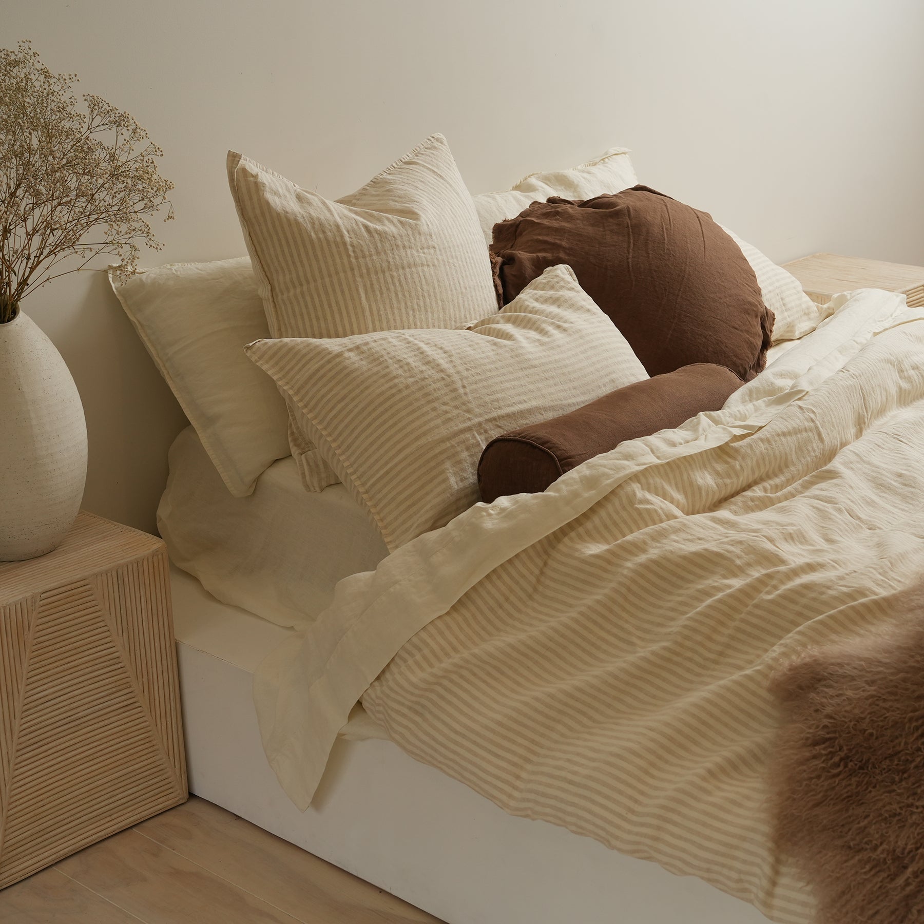 French Flax Linen Feather filled Bolster Cushion in Mocha – Home Lab NZ