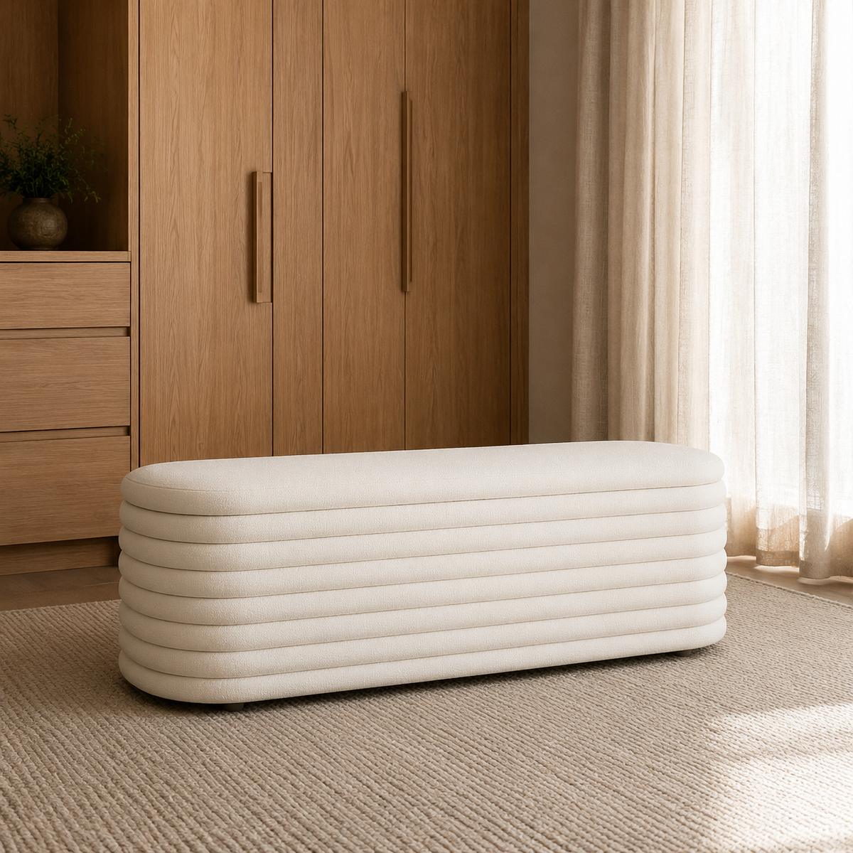 Channelled Boucle Storage Bench styled in a Home Lab interior — option C