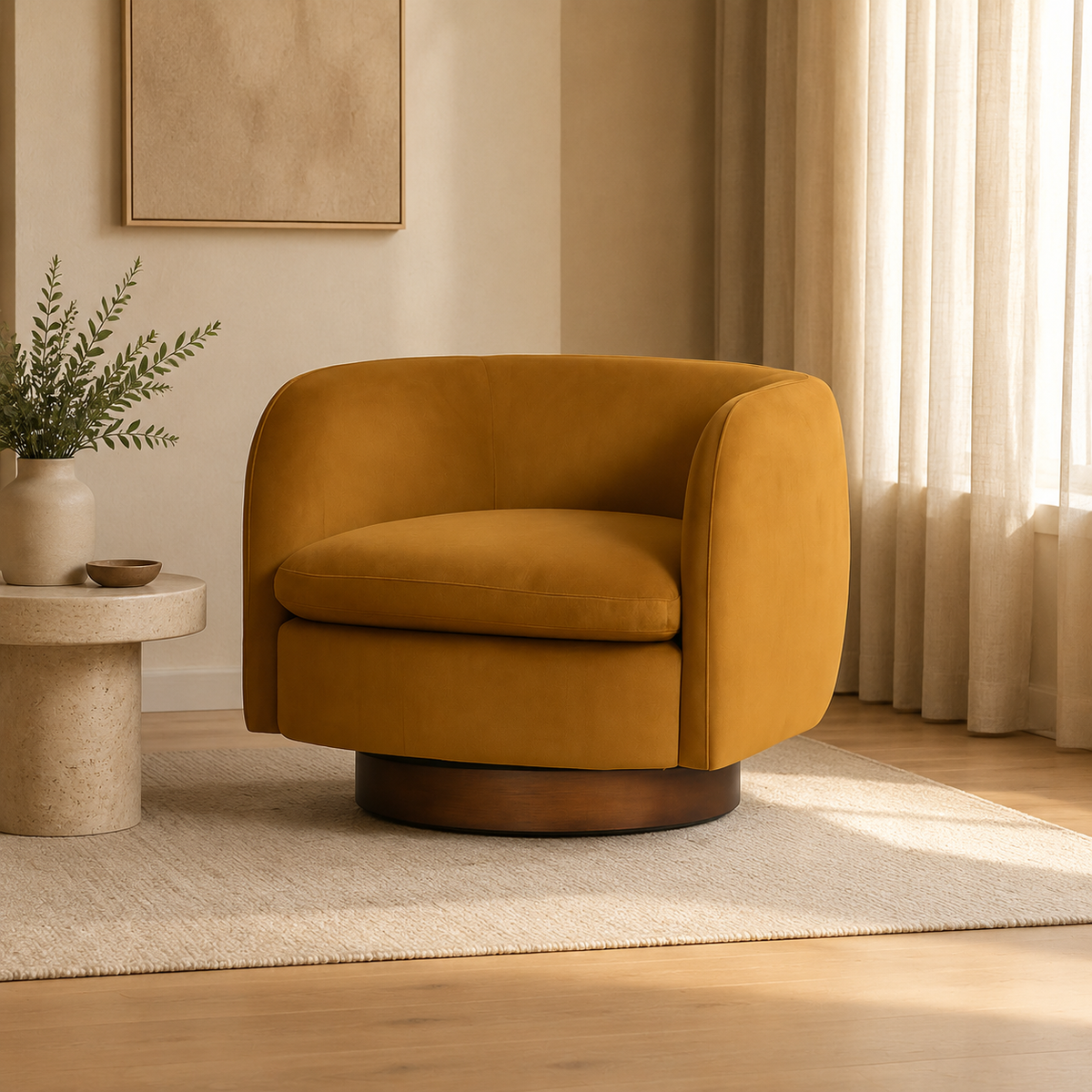 Charlie Swivel Chair - Camel Velvet styled in a Home Lab interior — option A