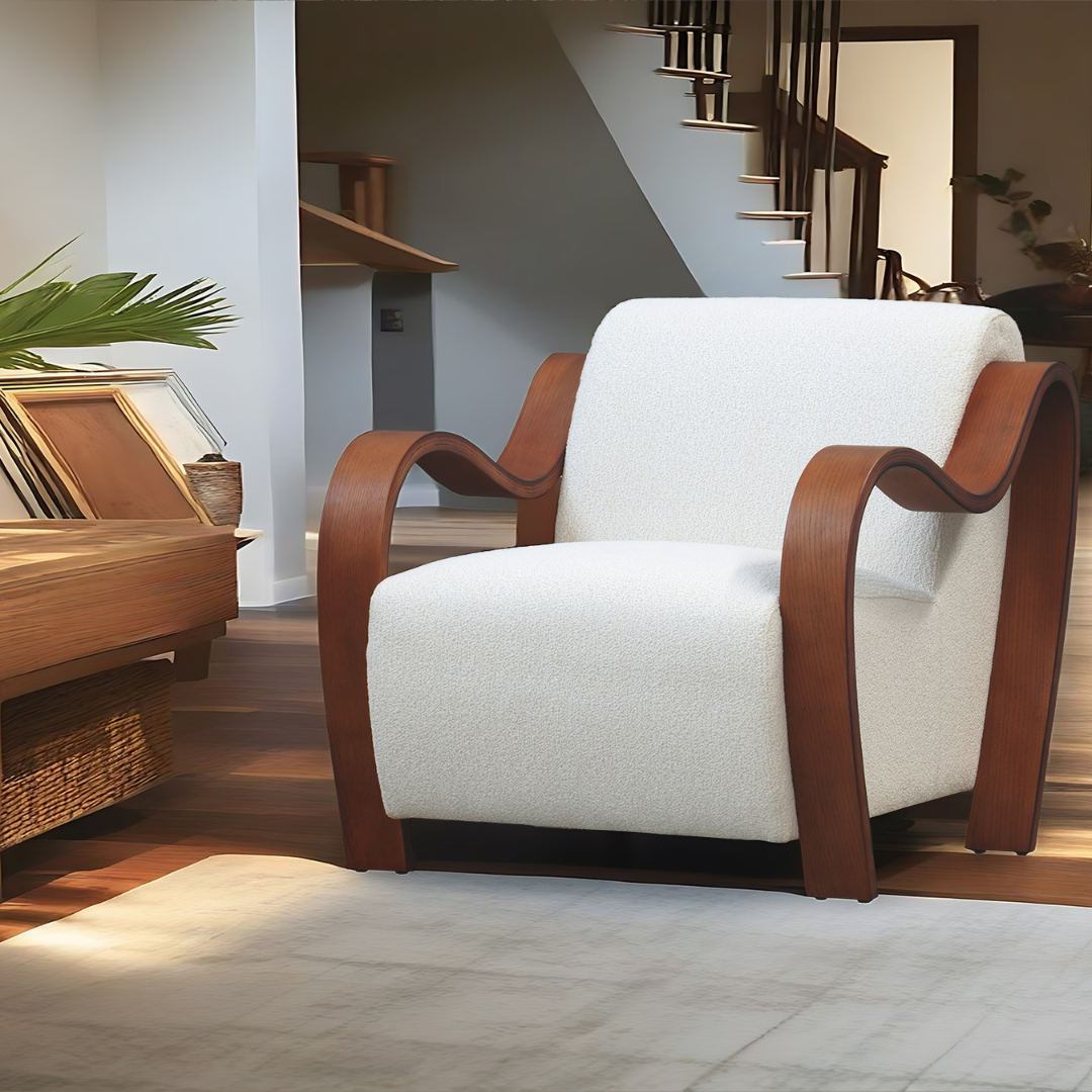 Clara Boucle Accent Chair side view – Home Lab NZ