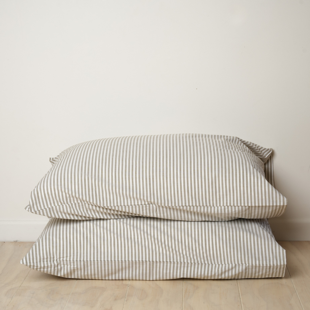 100% Stonewashed Cotton Pillowcase Pair- Olive Stripe