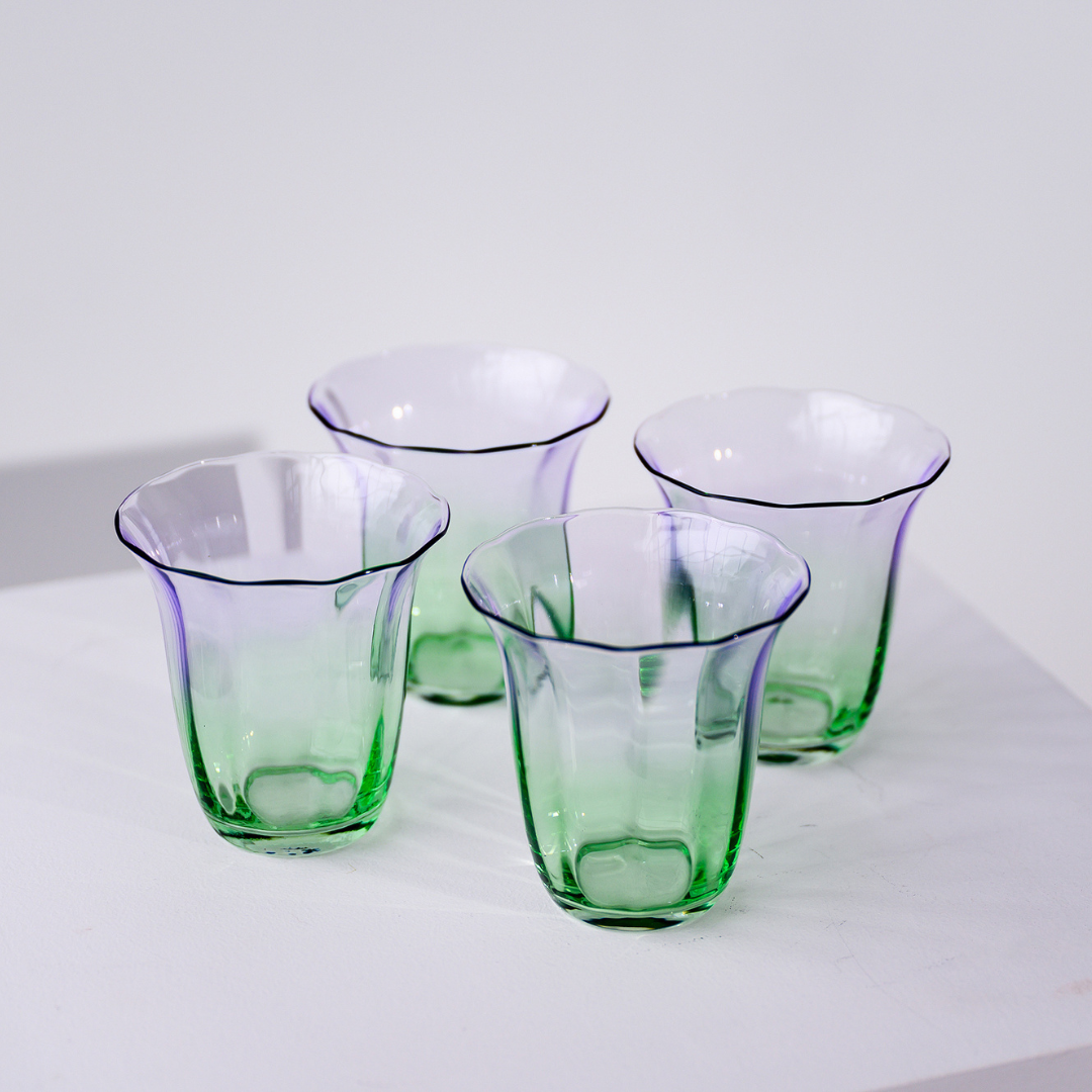 Fleur Stemless Glass- Set of 4- Green/Lilac