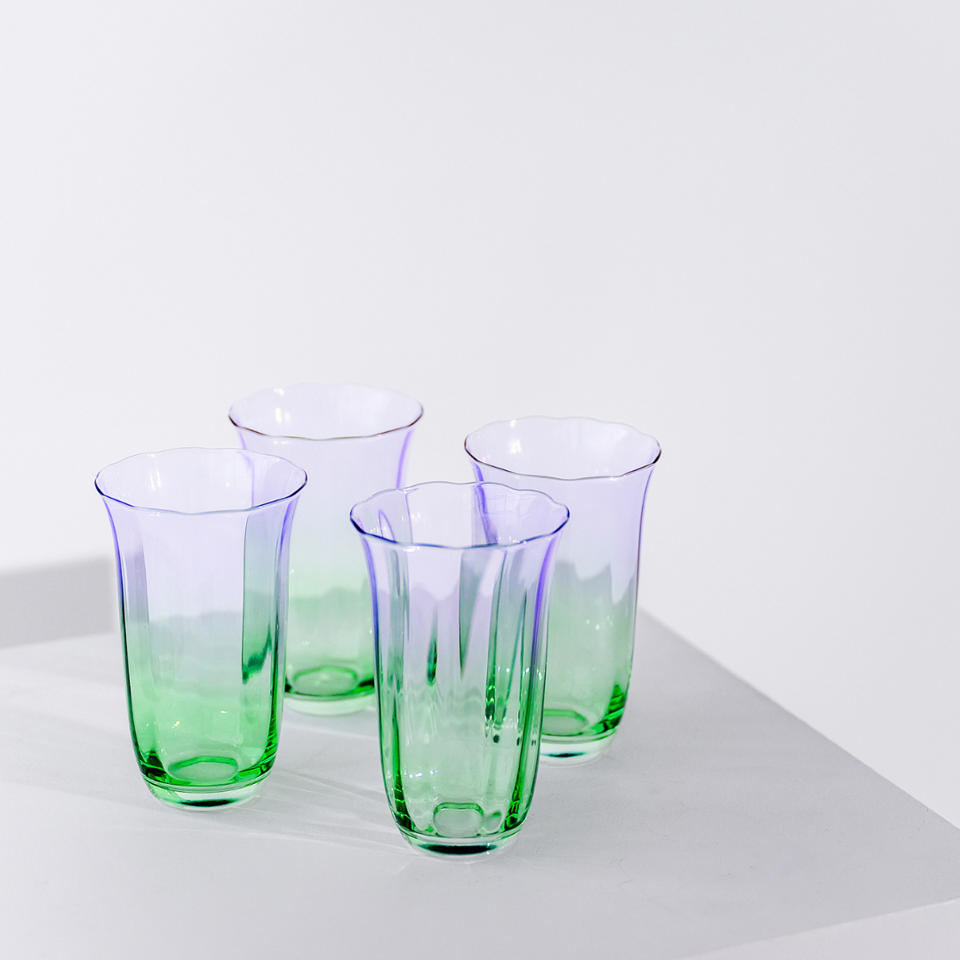Fleur Highball Glasses- Set of 4- Green/Lilac