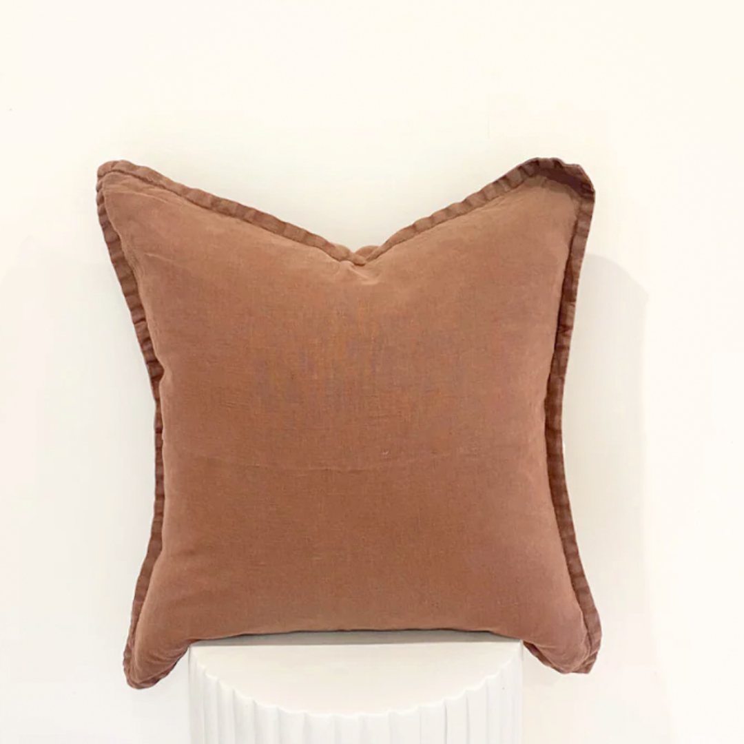 100% Belgium Linen Vintage Washed Cushion- Feather Filled - Cocoa
