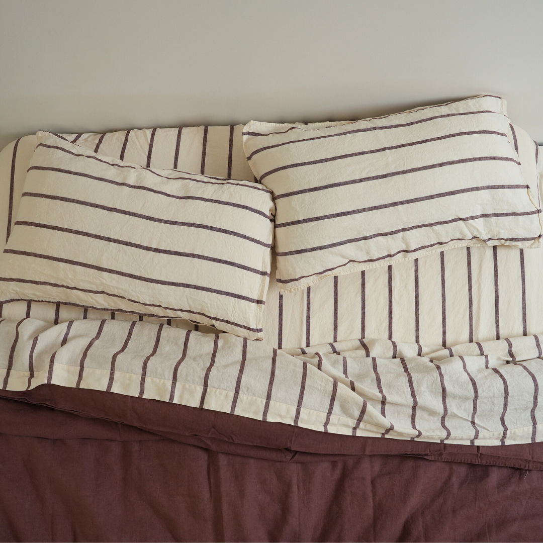 100% French Flax Linen Sheet set- Cocoa Stripe