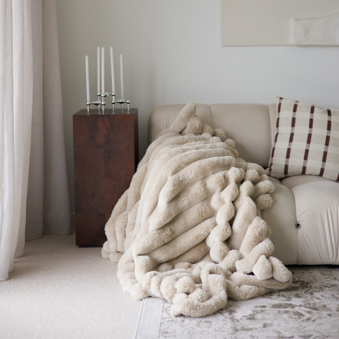 Benni vegan fur throw in Pewter, ribbed plush texture, 130 x 150cm