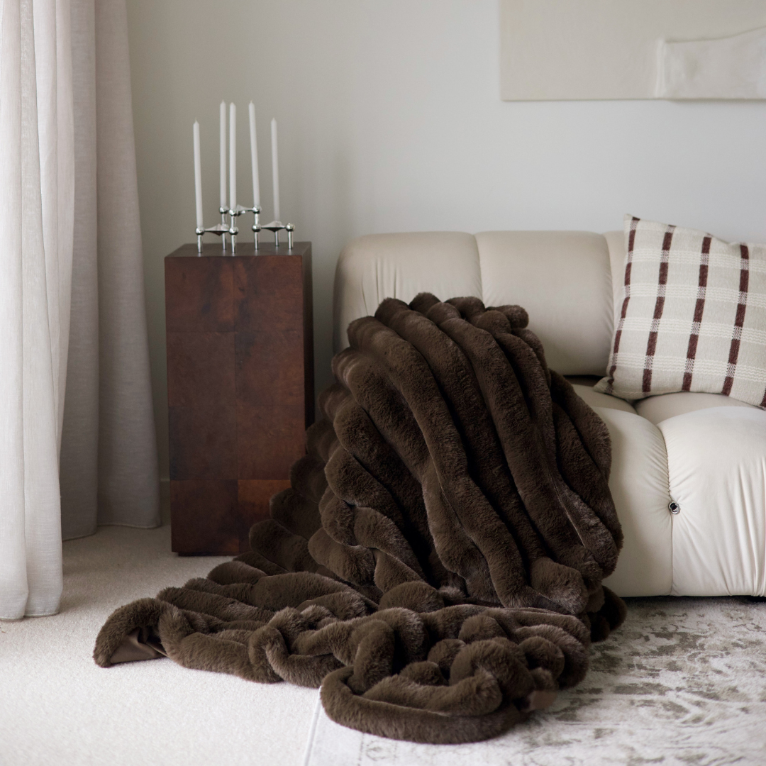 Benni vegan fur throw in Chocolate, ribbed plush texture, 130 x 150cm