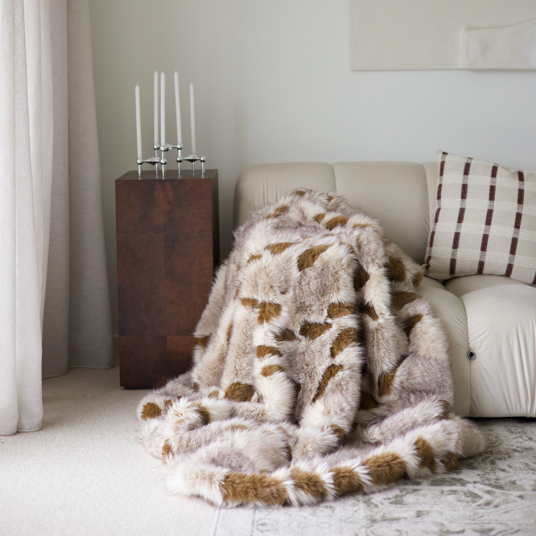 Serene vegan fur throw in multi-coloured jacquard, 130 x 150cm, plush textured