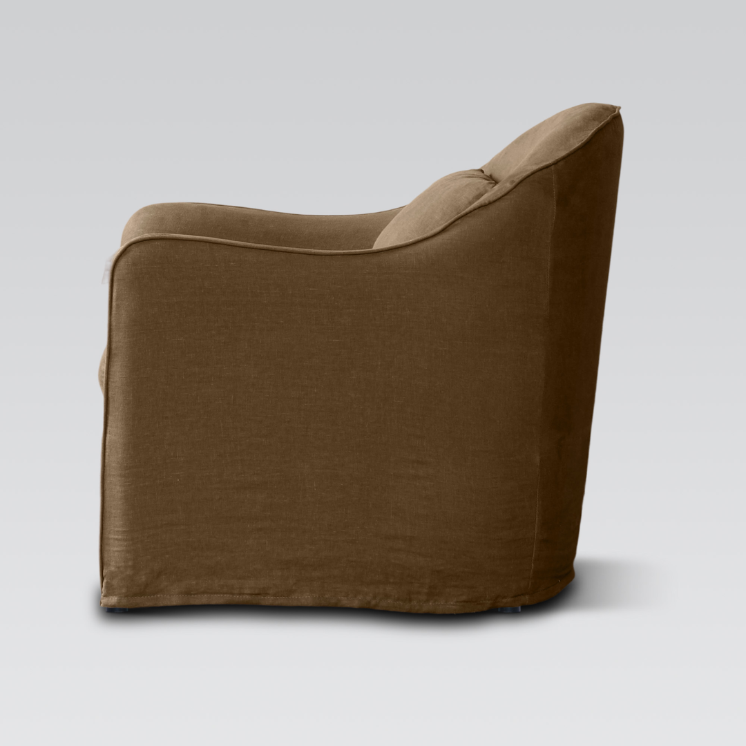 Amsterdam linen club chair in mocha, styled shot