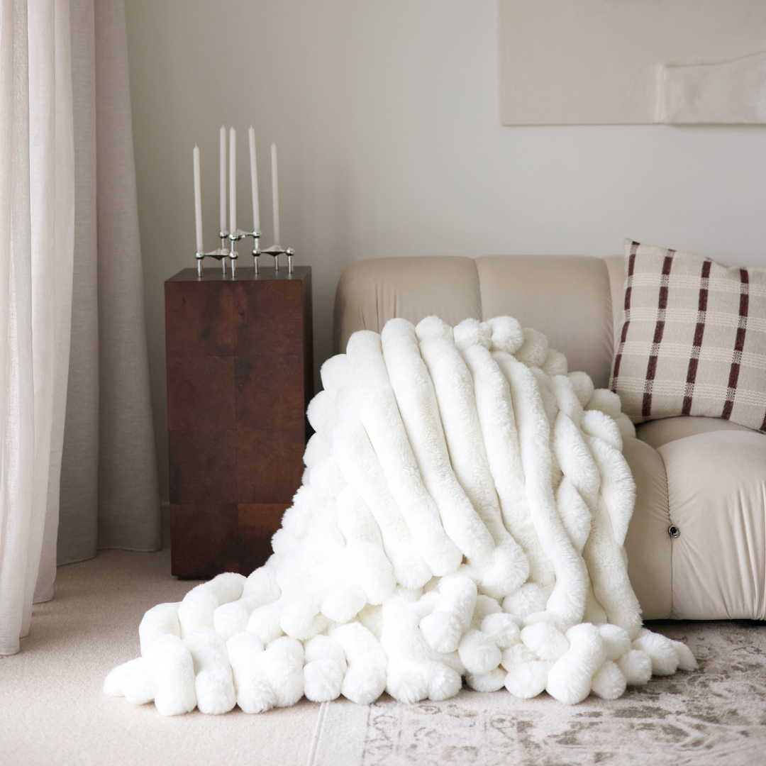 Benni vegan fur throw in Cream, ribbed plush texture, 130 x 150cm