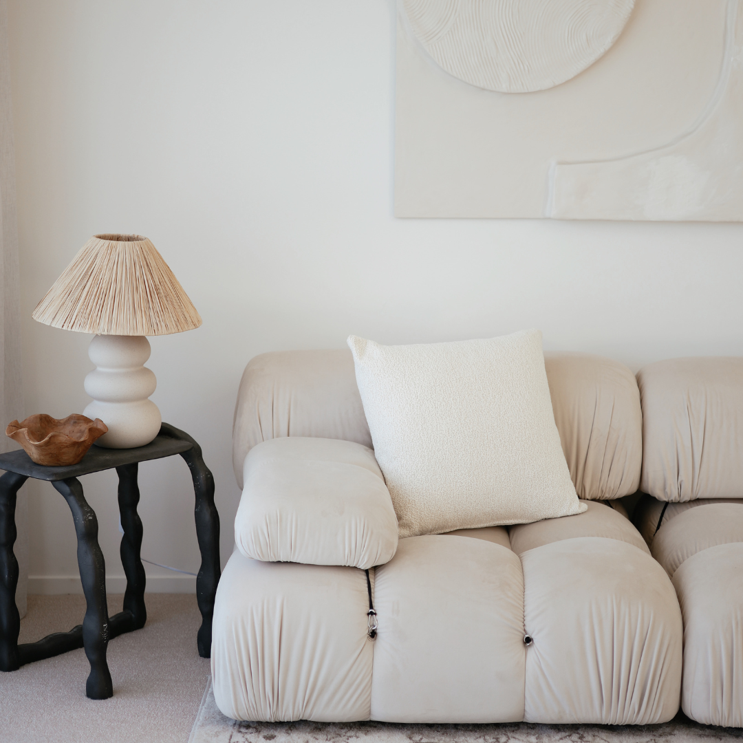 Boucle square cushion, side view