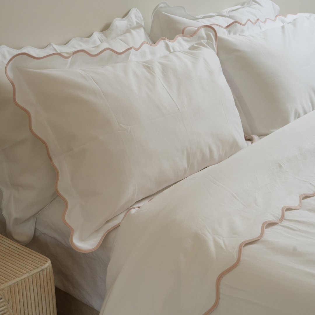 Celine duvet set in white/blush, close-up