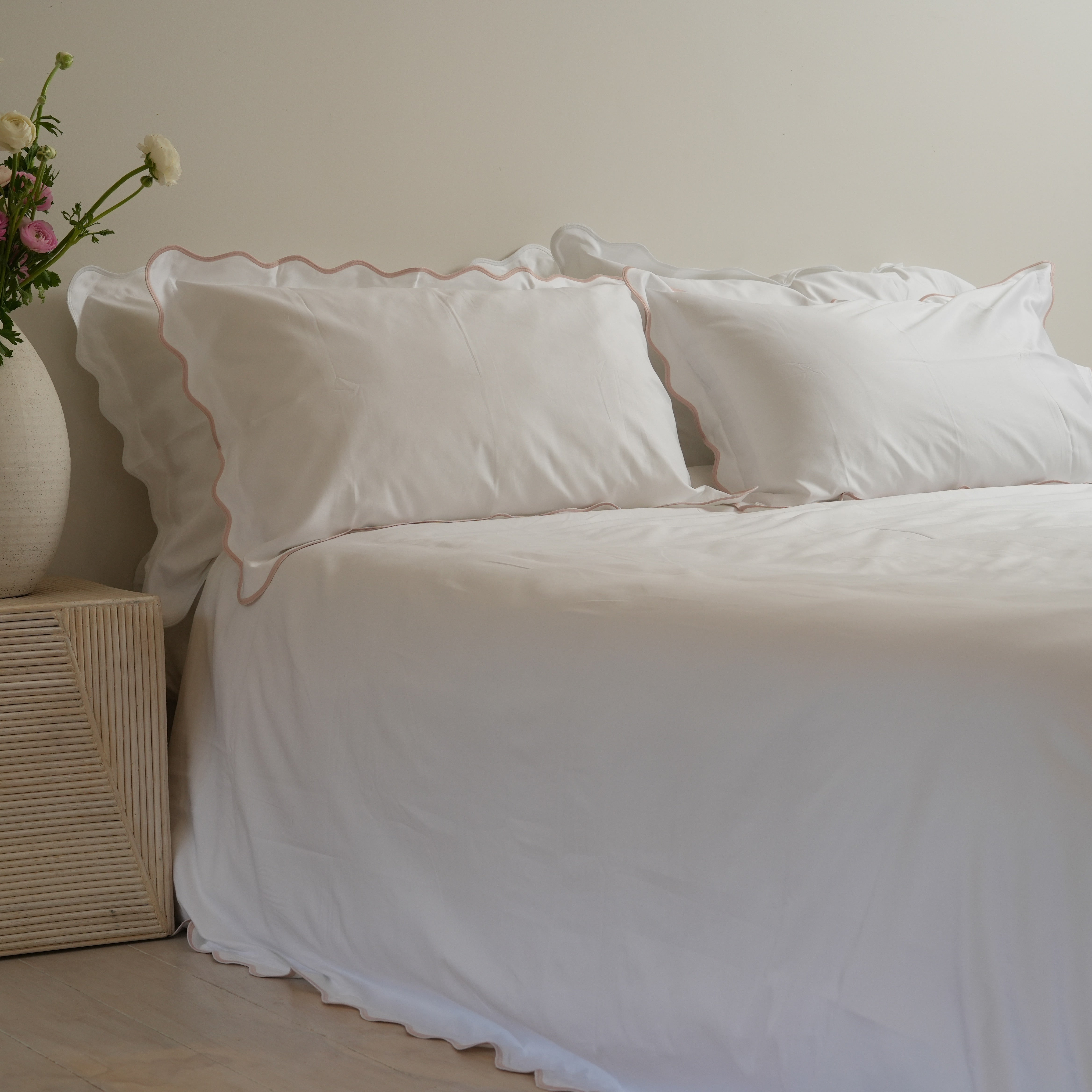 Celine duvet set in white/blush, styled shot