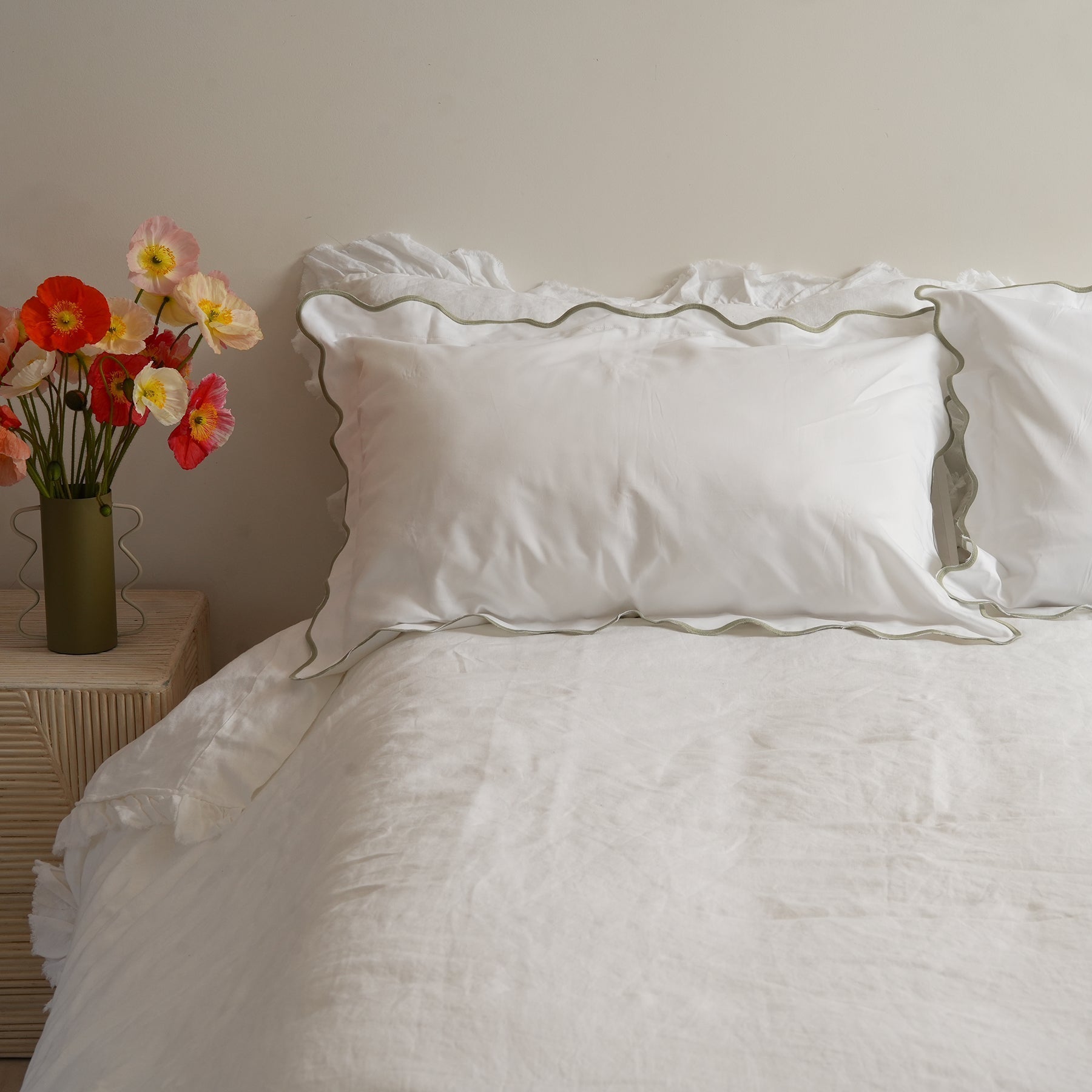 Celine pillowcase pair in sage, close-up